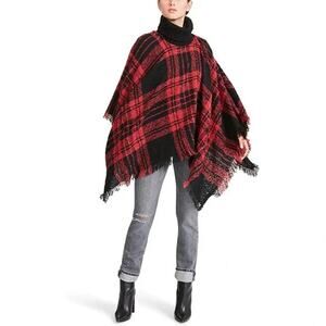 Steve Madden Plaid Poncho OS Red Black Plaid Western Boho